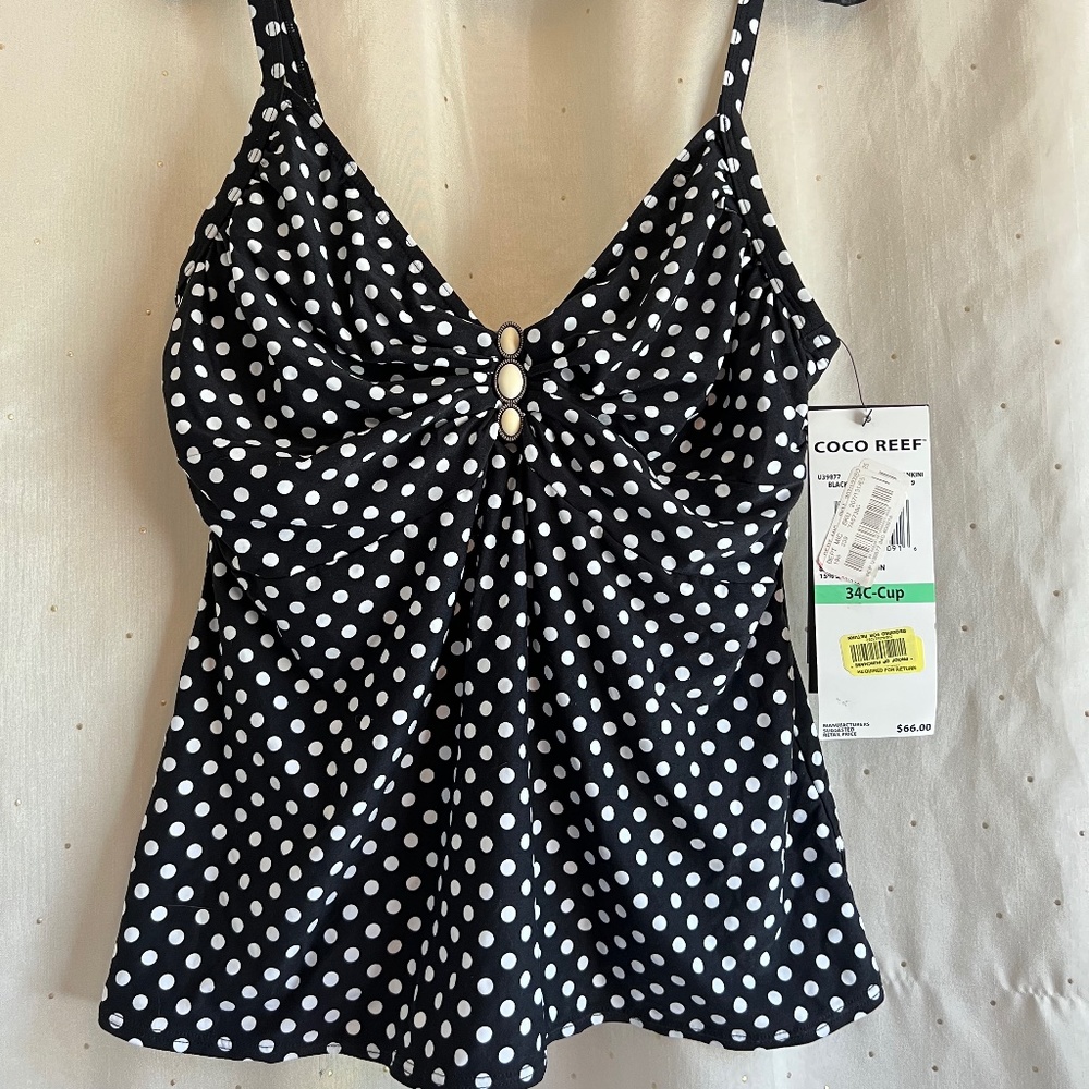 CoCo Reef Ladies Swim Tank Bathing Suit Top 34C NWT Black White Polka Dot M L